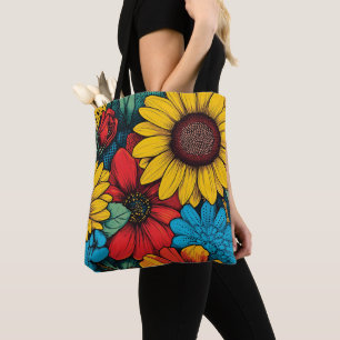 Lebhafter Pop Art Blumendesign mit Sonnenblumen Tasche