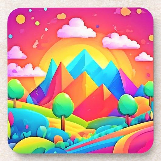 Lebhafter Regenbogen-Cartoon Landschaft Getränkeuntersetzer (Vorderseite)