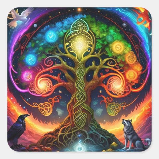 Lebhafter Regenbogen keltischer Baum mit Wölfen un Quadratischer Aufkleber (Vorderseite)