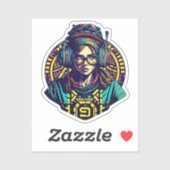 Lebhafter Retro Groove: Cooles Mädchen mit Kopfhör Aufkleber (Blatt)