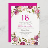 Lebhafter rosa Botanischer Flora zum 18. Geburtsta Einladung (Vorne/Hinten)