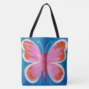 Lebhafter rosafarbener Schmetterling auf blauem Hi Tasche