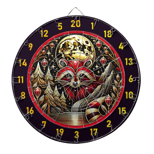 Lebhafter rot-weißer Raccoon glänzt in der Natur Dartscheibe (vorne)