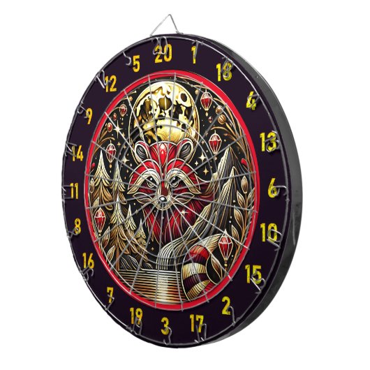 Lebhafter rot-weißer Raccoon glänzt in der Natur Dartscheibe (Vorderseite rechts)