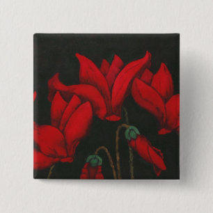 Lebhafter roter Cyclamen auf schwarzem Hintergrund Button