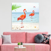 Lebhafter Roter Flamingos & Palm am Strand Leinwanddruck (Insitu (Wohnzimmer))