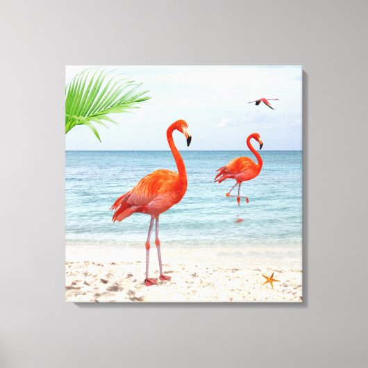 Lebhafter Roter Flamingos & Palm am Strand Leinwanddruck (Vorderseite)