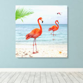 Lebhafter Roter Flamingos & Palm am Strand Leinwanddruck (Insitu (Holzboden))