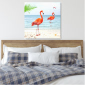 Lebhafter Roter Flamingos & Palm am Strand Leinwanddruck (Insitu (Schlafzimmer))