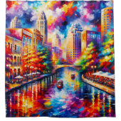 "Lebhafter San Antonio Riverwalk mit Riverboats" Duschvorhang (Vorderseite)