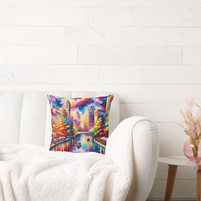 "Lebhafter San Antonio Riverwalk mit Riverboats" Kissen (Liege)