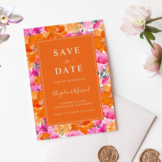 Lebhafter Sommergarten | Rosa und orange Hochzeit Save The Date