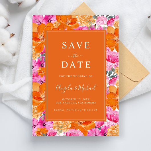 Lebhafter Sommergarten | Rosa und orange Hochzeit Save The Date