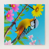 Lebhafter Songbird auf einem blühenden Zweig Puzzle (Horizontal)