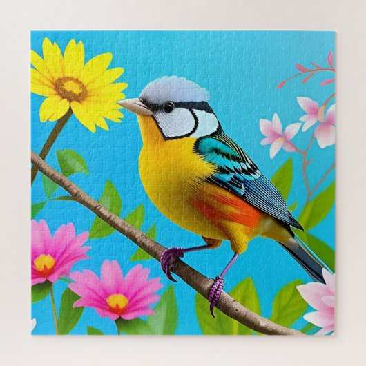 Lebhafter Songbird auf einem blühenden Zweig Puzzle (Vertikal)