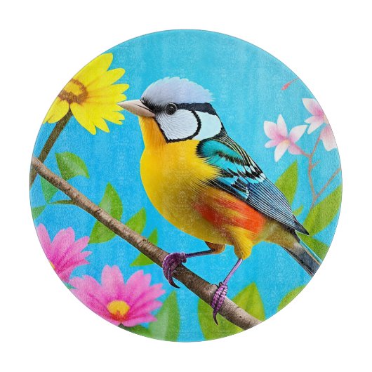 Lebhafter Songbird auf einem blühenden Zweig Schneidebrett (Vorderseite)