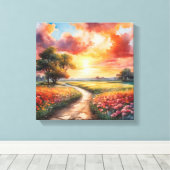 Lebhafter Sonnenuntergang durch ein Feld von Blume Leinwanddruck (Insitu (Holzboden))