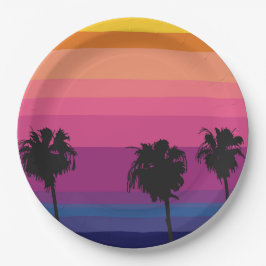 Lebhafter Sonnenuntergang im Ozean mit Silhouetten Pappteller