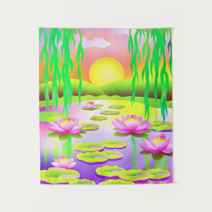 Lebhafter Sonnenuntergang mit Wasserlilie Wandteppich