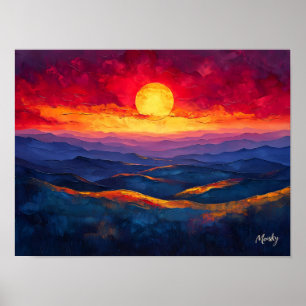 Lebhafter Sonnenuntergang über Gebirgskette - Abst Poster