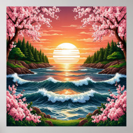 Lebhafter Sonnenuntergang über Meereswellen Poster