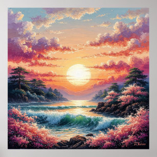 Lebhafter Sonnenuntergang über Meereswellen Poster