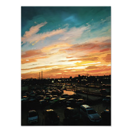 Lebhafter Sonnenuntergang über Stadtbild und Parkp Fotodruck