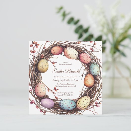 Lebhafter Springtime Egg Nest Oster Brunch Einladung (Stehend Vorderseite)