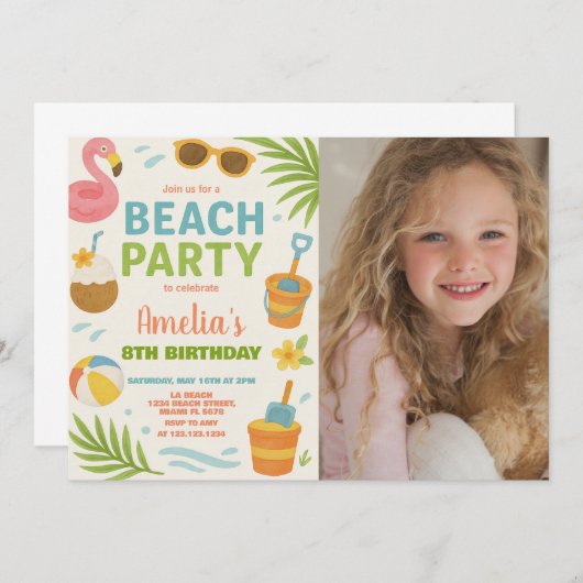 Lebhafter Strandurlaub für Kinder Einladung (Vorne/Hinten)