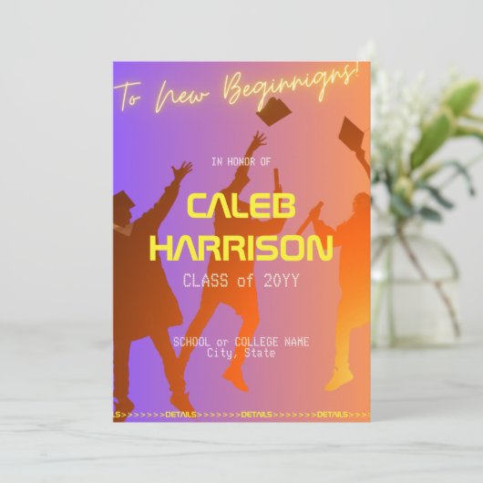 Lebhafter Sunset Modern Tech Abschluss Einladung (Stehend Vorderseite)