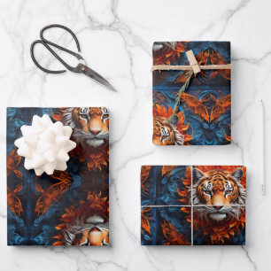 Lebhafter Tiger mit Blumenmotiven Geschenkpapier Set