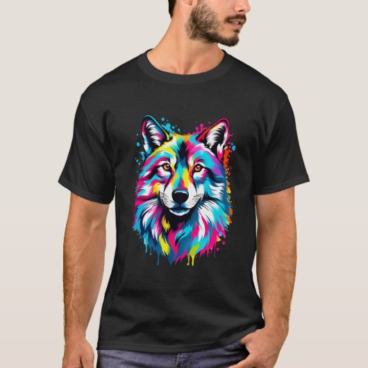 Lebhafter Tintenfleck Spritzer Wolf Pop Kunst, Küh T-Shirt (Vorderseite)