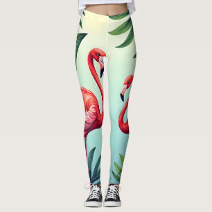 Lebhafter tropischer Flamingo-Druck mit Palm-Blätt Leggings