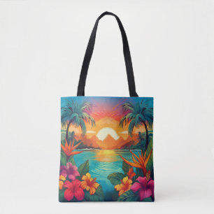 Lebhafter tropischer Sonnenuntergang mit Palmen un Tasche