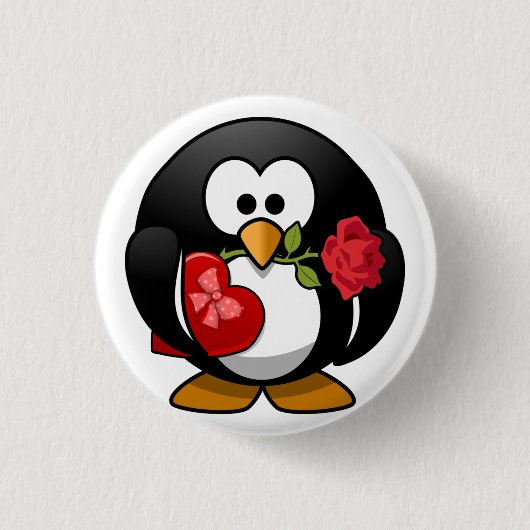 Lebhafter Valentinstag-Pinguin Button (Vorderseite)