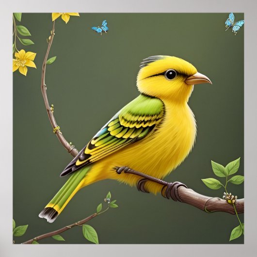 Lebhafter Vogel am Zweig Poster (Vorne)