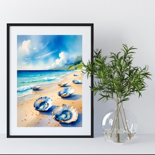 Lebhafter Watercolor Oyster Seashell Beach Poster