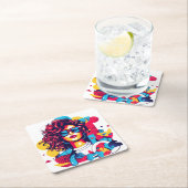 Lebhaftes 80er-Portrait mit geometrischem Muster Rechteckiger Pappuntersetzer (Vor Ort)