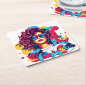 Lebhaftes 80er-Portrait mit geometrischem Muster Rechteckiger Pappuntersetzer (angewinkelt)