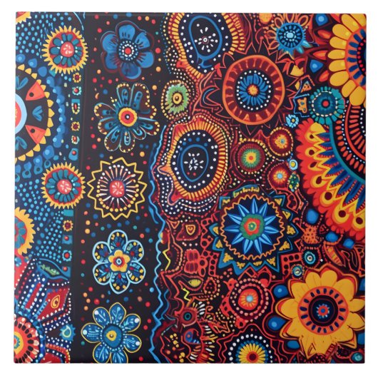 Lebhaftes Abstraktes ethnisches Huichol-Stammmuste Fliese (Vorderseite)