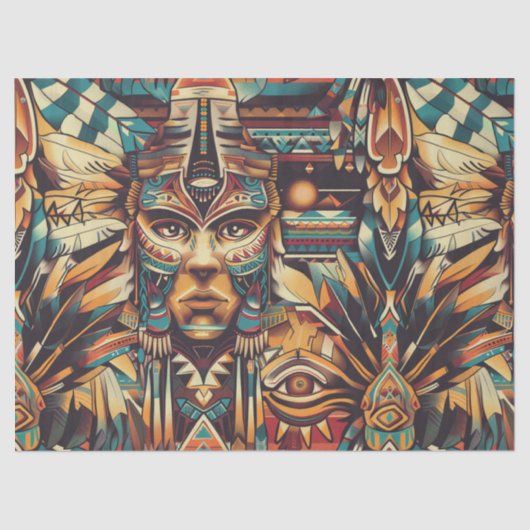 Lebhaftes Aquamarines "mesoamerican Motif" Wrap Ti Seidenpapier (Vorderseite)