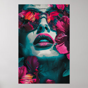 Lebhaftes Aquamarines und rosafarbenes Blumenplaka Poster