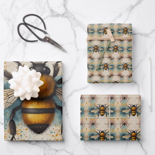 Lebhaftes Bee Watercolor-Muster Geschenkpapier Set (Vorderseite)