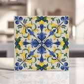 Lebhaftes Blau und Gelb, mediterrane Flora Fliese