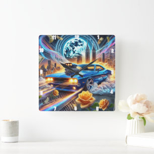 Lebhaftes blaues Muskelauto mit Stadtbild Quadratische Wanduhr