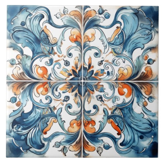 Lebhaftes blaues und orangefarbenes Muster Fliese (Vorderseite)