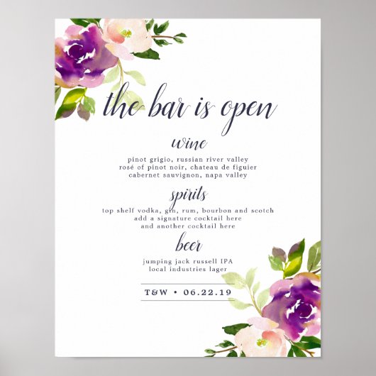 Lebhaftes Bloom Wedding Bar Menu Sign Poster (Vorne)