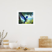 Lebhaftes Blue & White Hummingbird in Flight Poste Poster (Küche)