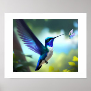 Lebhaftes Blue & White Hummingbird in Flight Poste Poster
