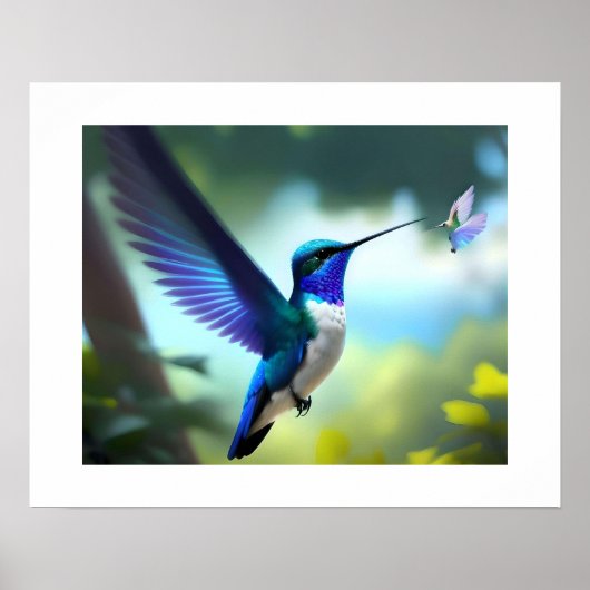 Lebhaftes Blue & White Hummingbird in Flight Poste Poster (Vorne)